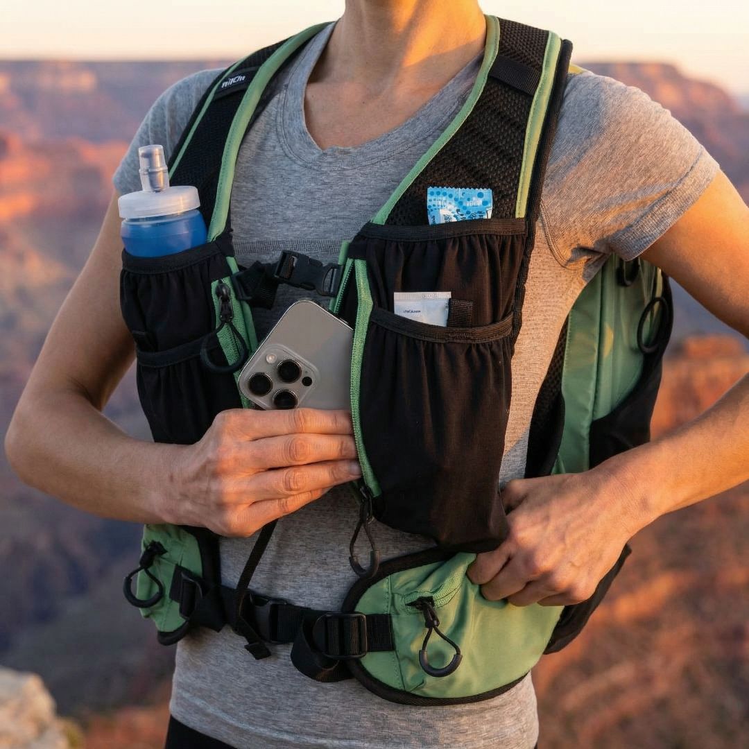 Hiker wearing a Canyon Elite 25 pack with front-access pockets