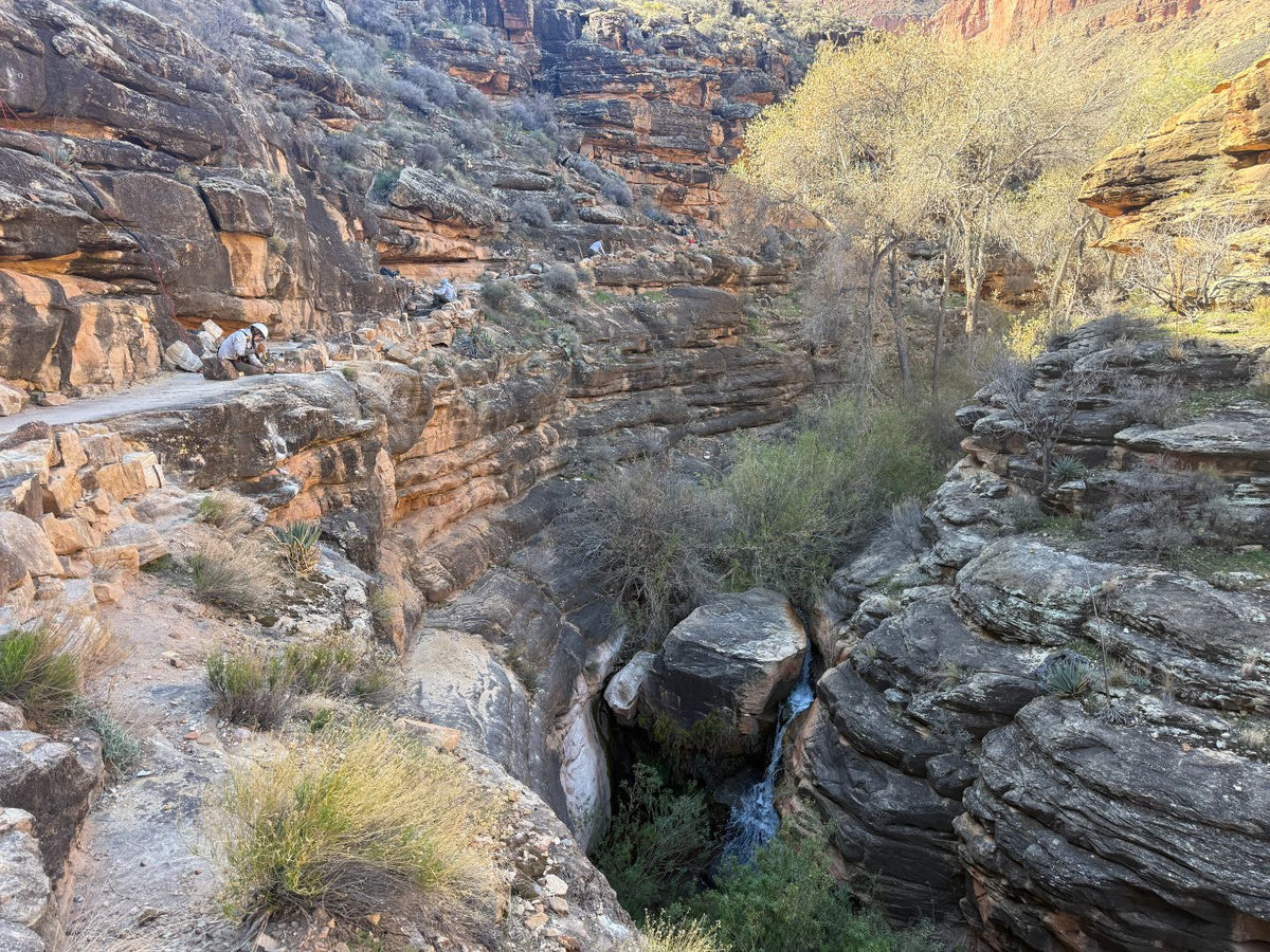 The Grand Canyon Trail Crew works in the Tapeats Narrows section of Bright Angel Trail below Havasupai Gardens