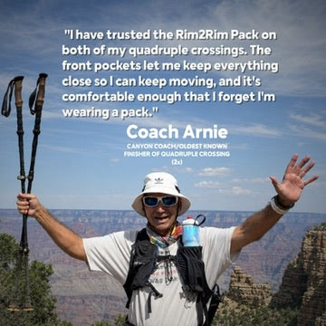 Mihaela Mullin hiking in the Grand Canyon with her hiKin pack. Quote: “I love it. It is very comfortable and stable on the body, even when running. People are asking me where I got it!”