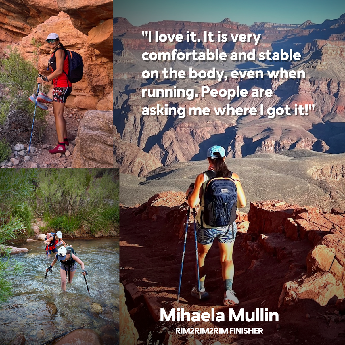 Coach Arnie wearing the hiKin Rim2Rim Pack in the Grand Canyon. Quote: I have trusted the Rim2Rim Pack on both of my quadruple crossings. The front pockets let me keep everything close so I can keep moving, and it's comfortable enough that I forget I'm wearing a pack.
